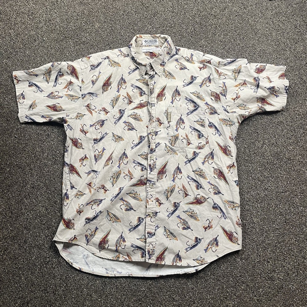 Vintage Columbia Shirt Mens L Tan Fly Fishing Lure Button Up Short Sleeve